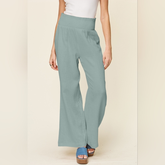 Double Take Full Size Texture Smocked Waist Wide Leg Pants - Picture 1 of 6